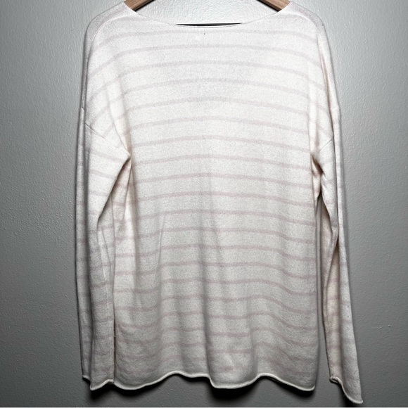 Project Women 100% Cashmere Knit Sweatshirt XL White Pink Stripe Fisherman V-Nec - Picture 8 of 9